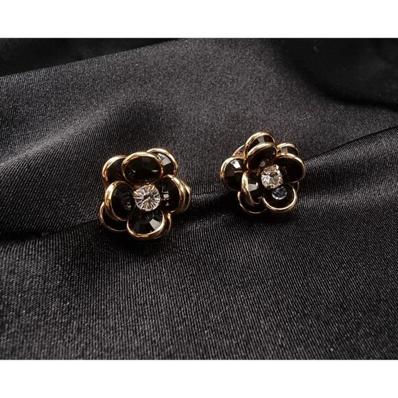 Vintage 1990s Swarovski Black & Gold Flower Crystal Stud Earrings - Picture 4 of 6